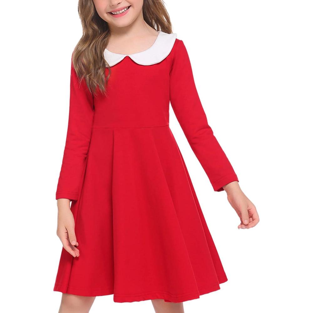 imageArshiner Girls Long Sleeve Dress Casual Vintage Peter Pan Collar Swing Party Dress Age 314 YearsNo Belt Red