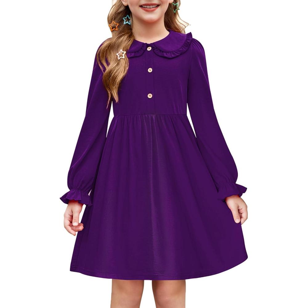 imageArshiner Girls Long Sleeve Dress Fall Winter Ruffle Peter Pan Collar Front Button Casual Cotton DressesDark Purple