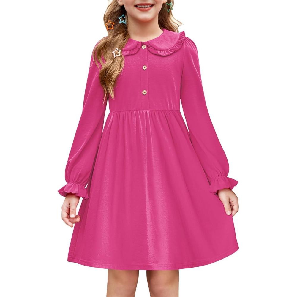 imageArshiner Girls Long Sleeve Dress Fall Winter Ruffle Peter Pan Collar Front Button Casual Cotton DressesHot Pink