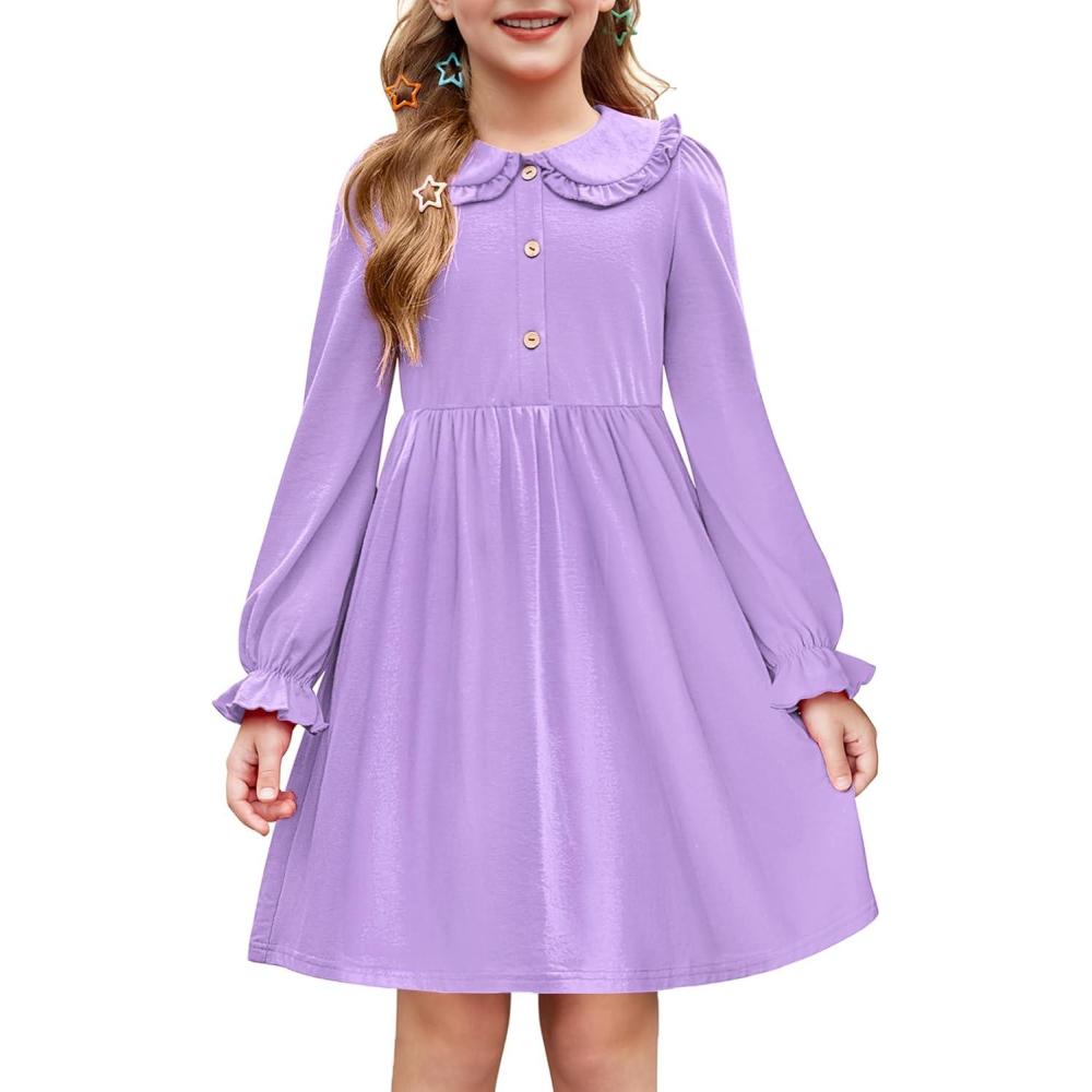 imageArshiner Girls Long Sleeve Dress Fall Winter Ruffle Peter Pan Collar Front Button Casual Cotton DressesLavender