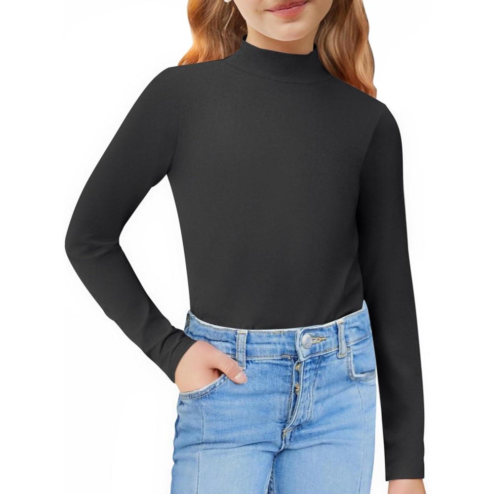 imageArshiner Girls Long Sleeve Mock Turtleneck Shirts Slim Fit Casual Base Layer Top TeeBlack