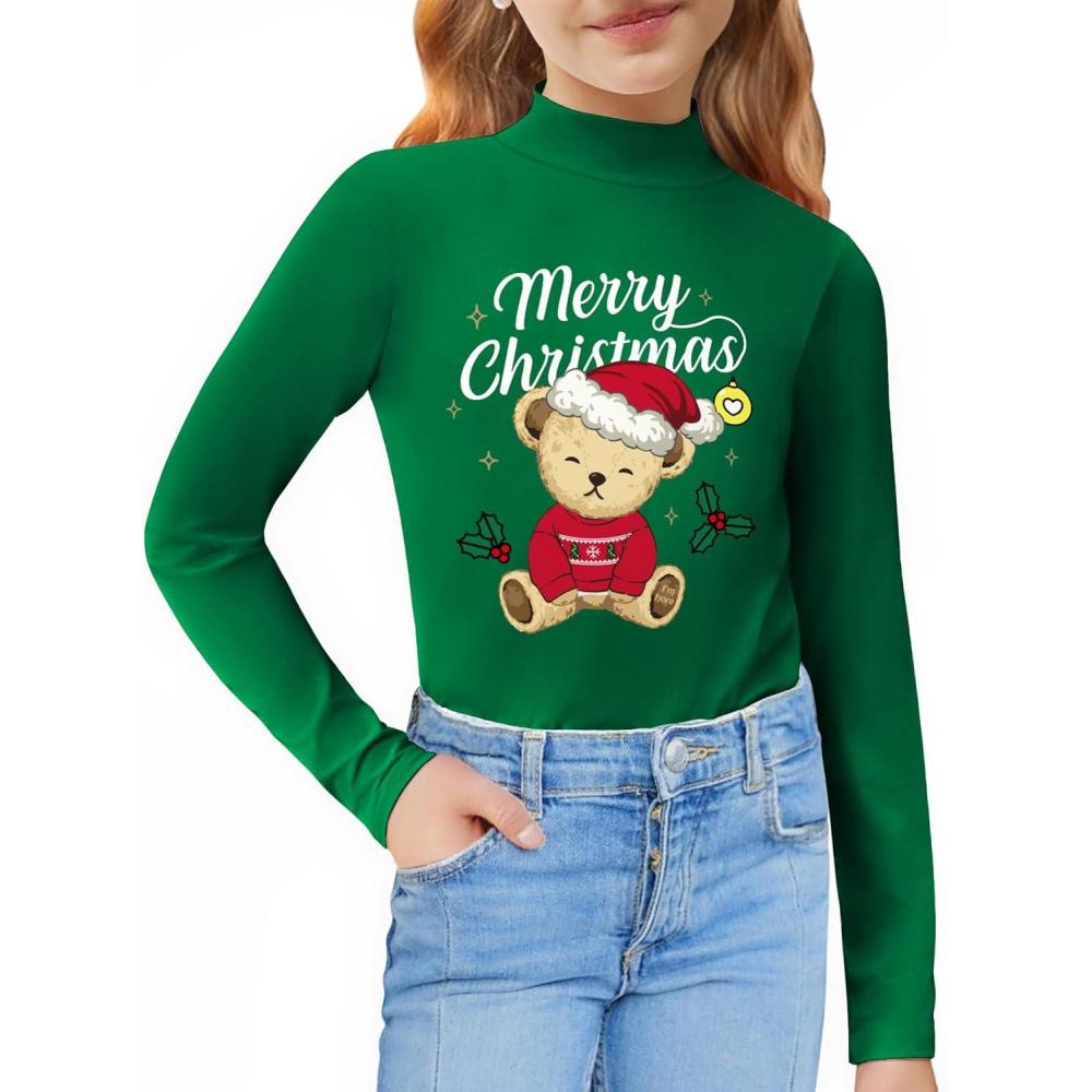 imageArshiner Girls Long Sleeve Mock Turtleneck Shirts Slim Fit Casual Base Layer Top TeeChristmasgreen Teddy