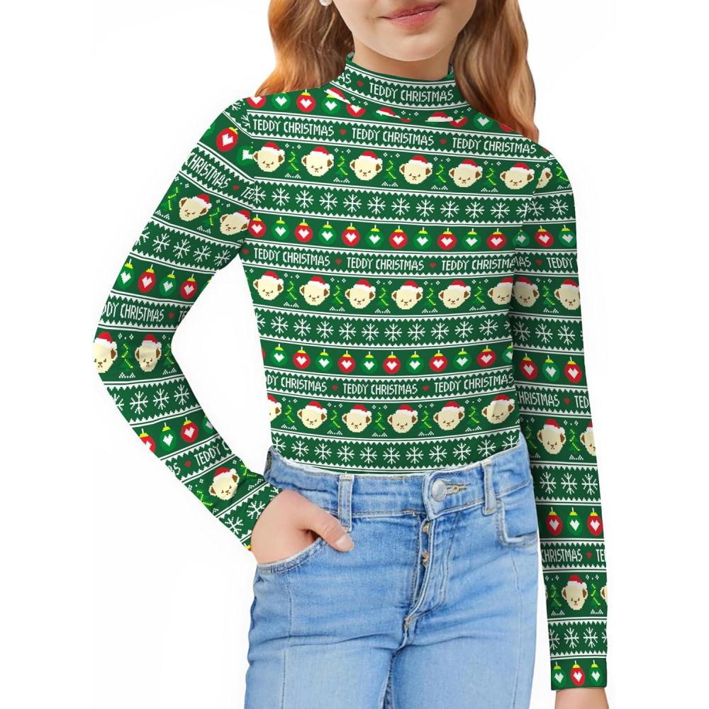 imageArshiner Girls Long Sleeve Mock Turtleneck Shirts Slim Fit Casual Base Layer Top TeeChristmasteddy