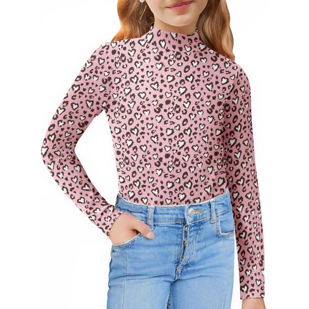 imageArshiner Girls Long Sleeve Mock Turtleneck Shirts Slim Fit Casual Base Layer Top TeeLeopard Pink