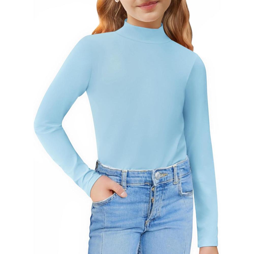 imageArshiner Girls Long Sleeve Mock Turtleneck Shirts Slim Fit Casual Base Layer Top TeeLight Blue