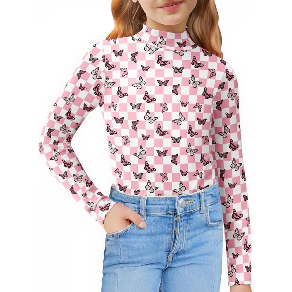 imageArshiner Girls Long Sleeve Mock Turtleneck Shirts Slim Fit Casual Base Layer Top TeePinkWhite Butterfly