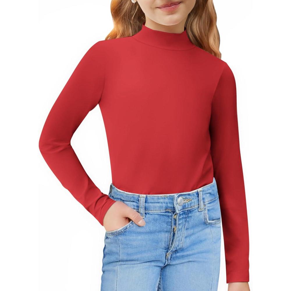 imageArshiner Girls Long Sleeve Mock Turtleneck Shirts Slim Fit Casual Base Layer Top TeeRed