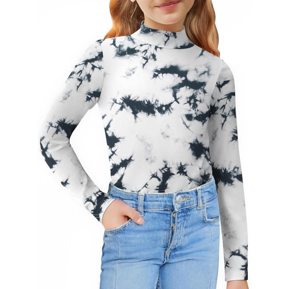imageArshiner Girls Long Sleeve Mock Turtleneck Shirts Slim Fit Casual Base Layer Top TeeTie Dye BlackWhite