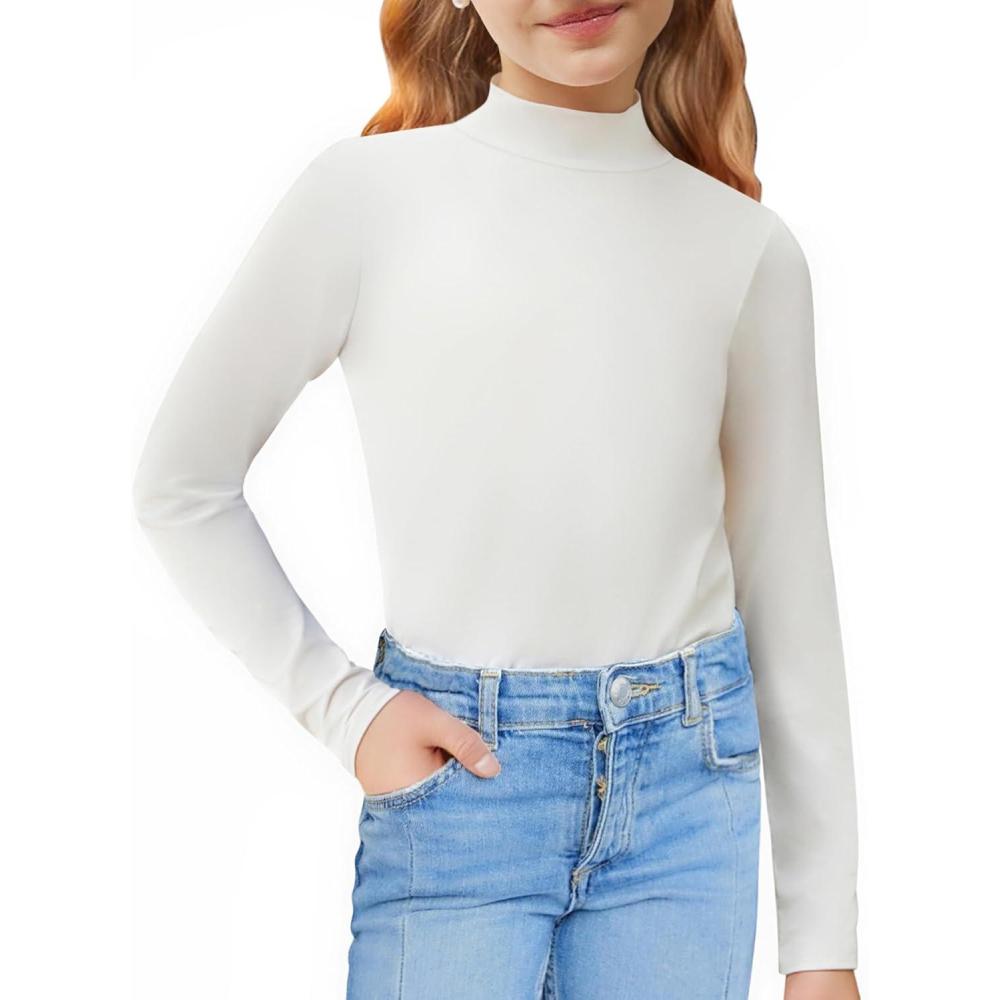imageArshiner Girls Long Sleeve Mock Turtleneck Shirts Slim Fit Casual Base Layer Top TeeWhite