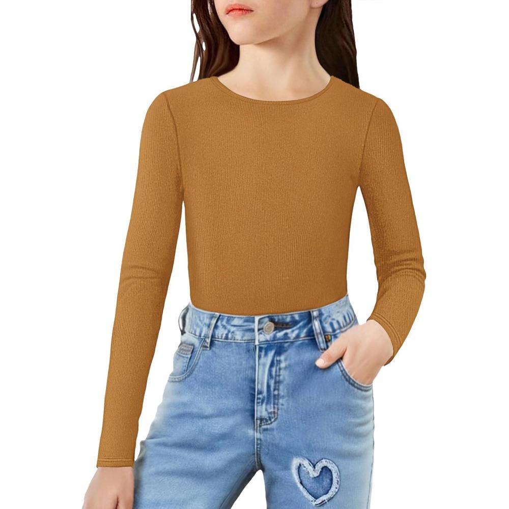 imageArshiner Girls Long Sleeve Ribbed Knit Shirts Soft Slim Fit Crewneck Casual Base Layer Tops TeesBrown