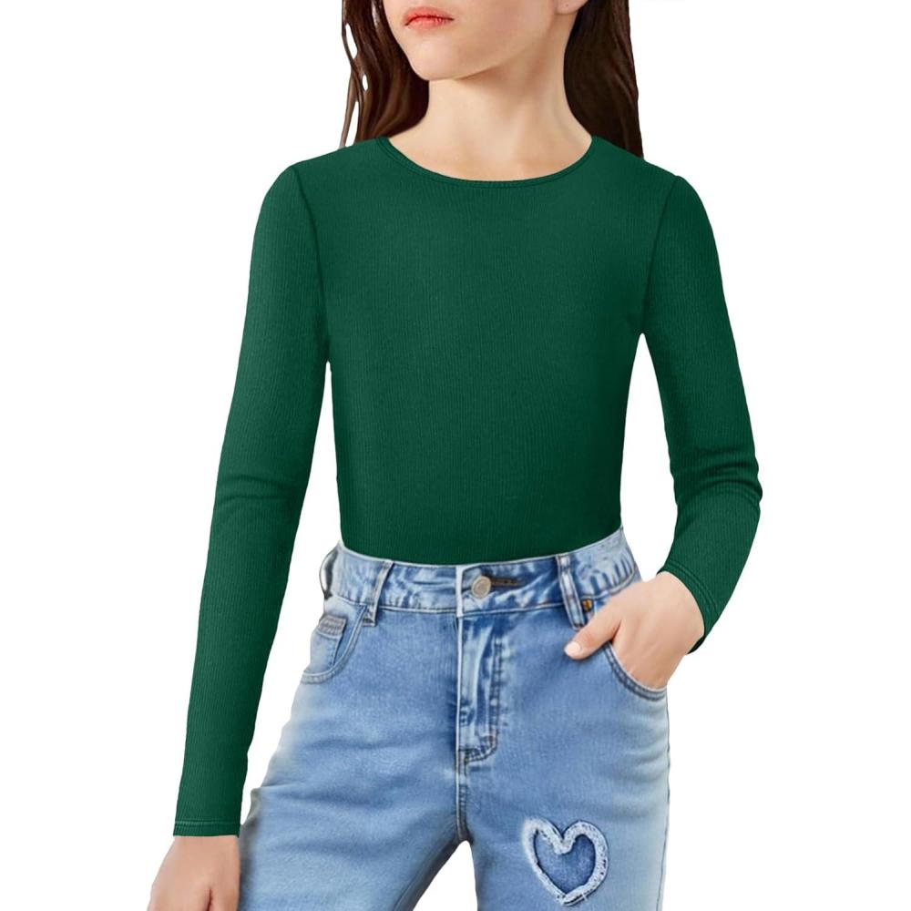 imageArshiner Girls Long Sleeve Ribbed Knit Shirts Soft Slim Fit Crewneck Casual Base Layer Tops TeesGreen