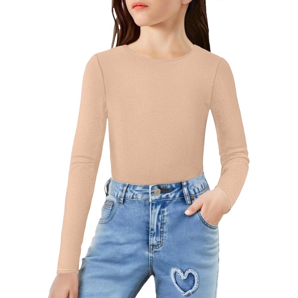 imageArshiner Girls Long Sleeve Ribbed Knit Shirts Soft Slim Fit Crewneck Casual Base Layer Tops TeesLight Khaki