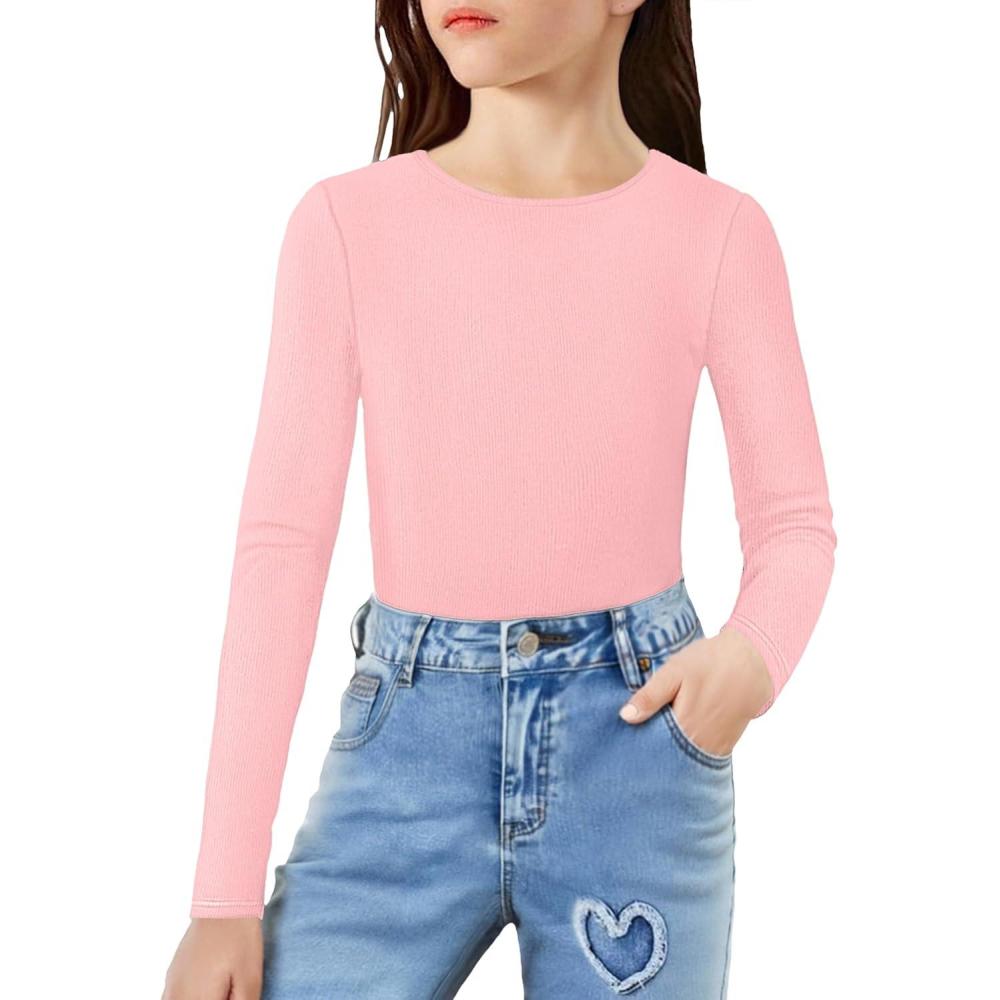 imageArshiner Girls Long Sleeve Ribbed Knit Shirts Soft Slim Fit Crewneck Casual Base Layer Tops TeesLight Pink