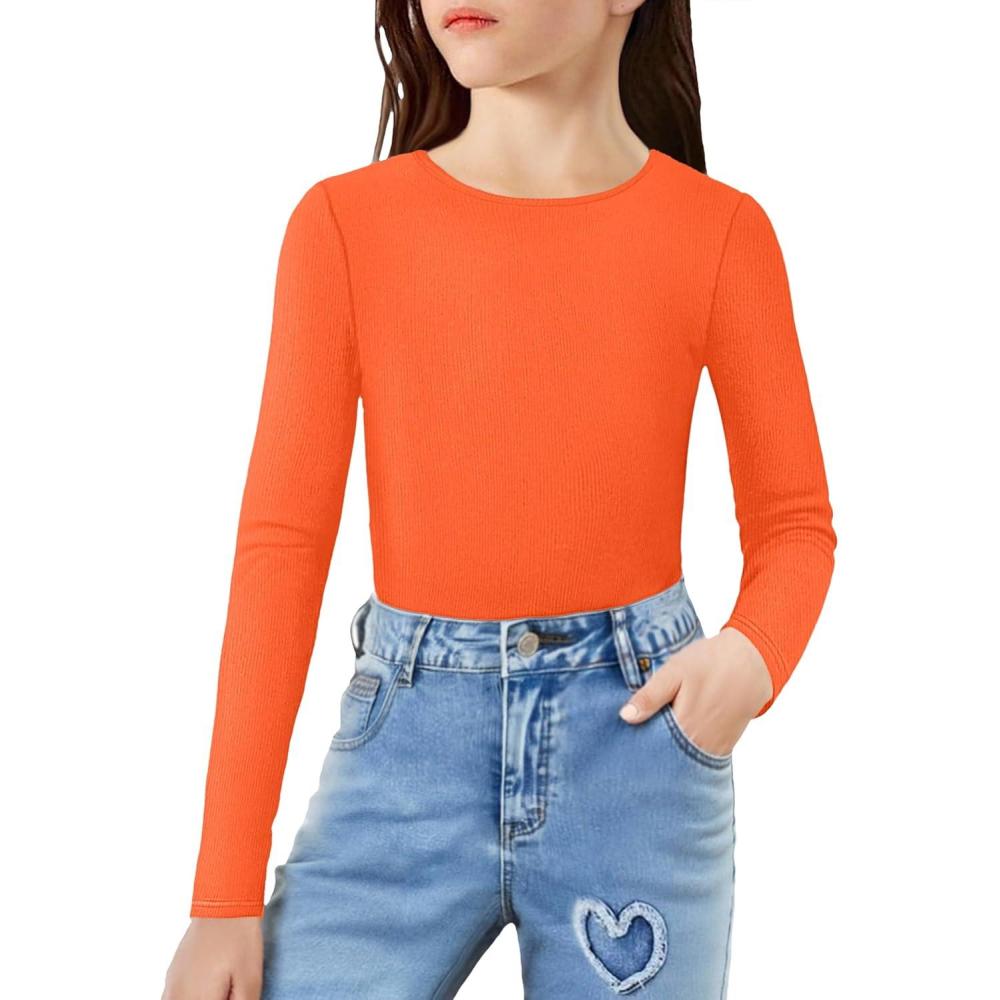 imageArshiner Girls Long Sleeve Ribbed Knit Shirts Soft Slim Fit Crewneck Casual Base Layer Tops TeesOrange