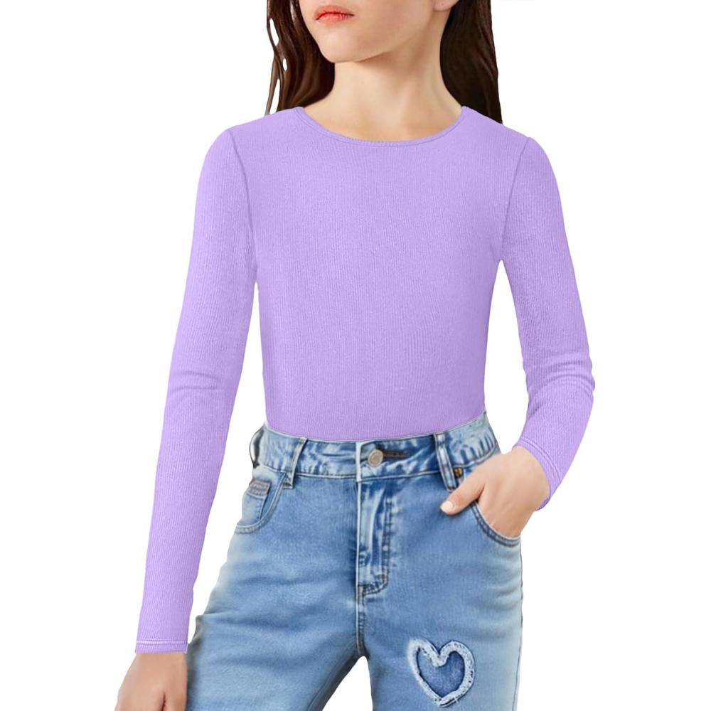 imageArshiner Girls Long Sleeve Ribbed Knit Shirts Soft Slim Fit Crewneck Casual Base Layer Tops TeesPurple
