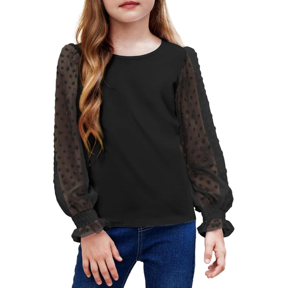 imageArshiner Girls Long Sleeve Shirt with Ruffle Cuffs Polka Swiss Dots Kids Girls Pullover Shirts Cute Crewneck Girls TopBlack