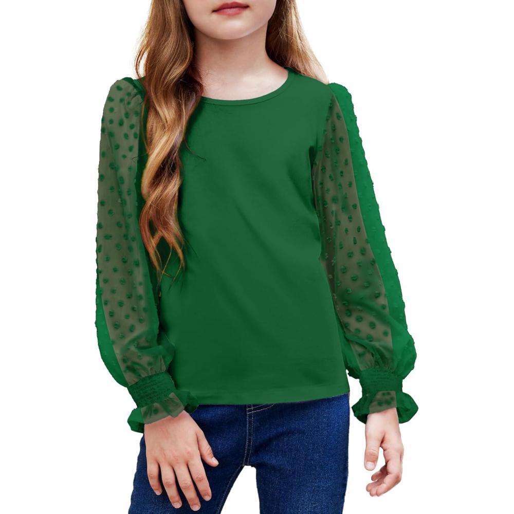 imageArshiner Girls Long Sleeve Shirt with Ruffle Cuffs Polka Swiss Dots Kids Girls Pullover Shirts Cute Crewneck Girls TopForest Green