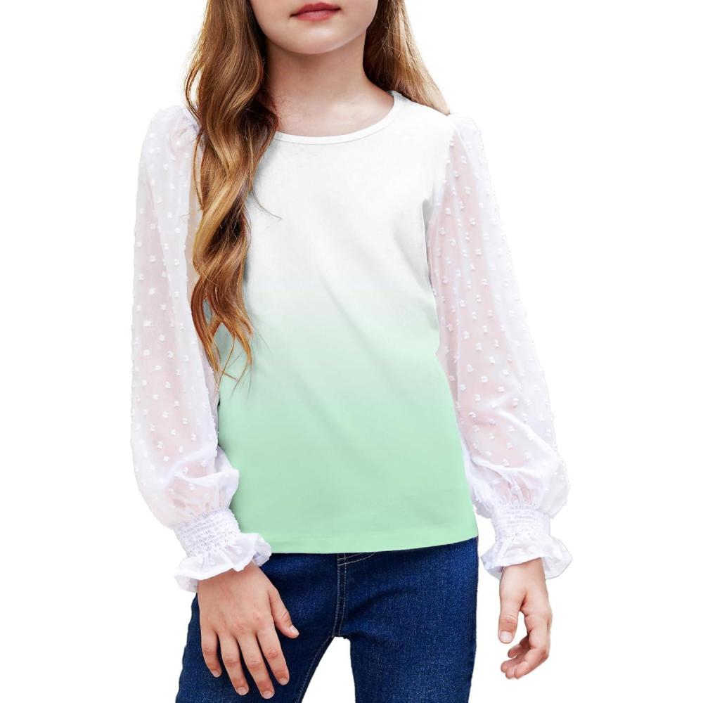 imageArshiner Girls Long Sleeve Shirt with Ruffle Cuffs Polka Swiss Dots Kids Girls Pullover Shirts Cute Crewneck Girls TopGradient Green