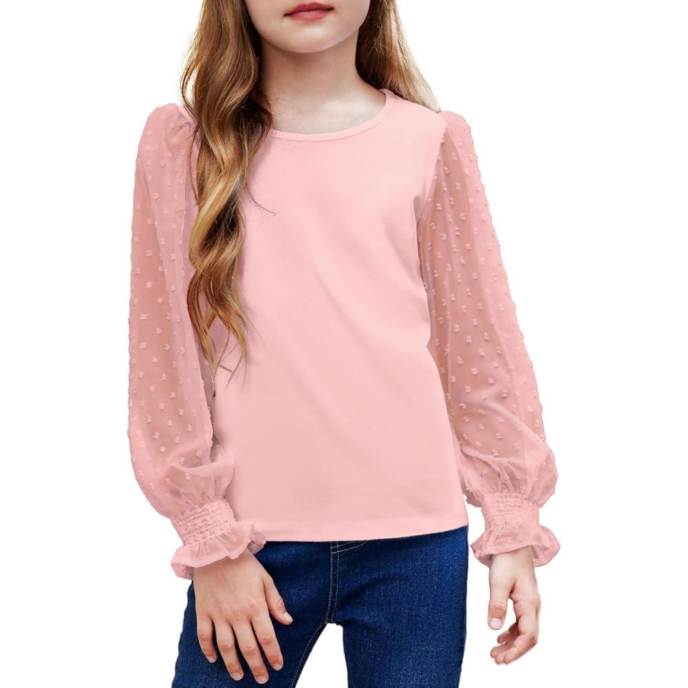imageArshiner Girls Long Sleeve Shirt with Ruffle Cuffs Polka Swiss Dots Kids Girls Pullover Shirts Cute Crewneck Girls TopLotus Root Pink