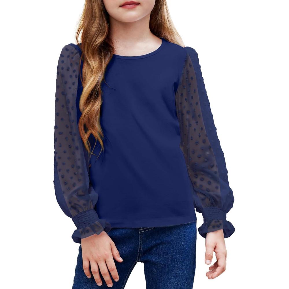 imageArshiner Girls Long Sleeve Shirt with Ruffle Cuffs Polka Swiss Dots Kids Girls Pullover Shirts Cute Crewneck Girls TopNavy Blue