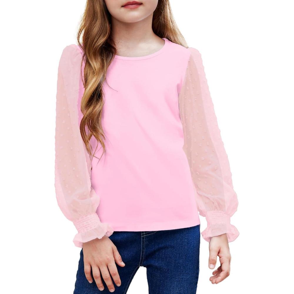 imageArshiner Girls Long Sleeve Shirt with Ruffle Cuffs Polka Swiss Dots Kids Girls Pullover Shirts Cute Crewneck Girls TopPink