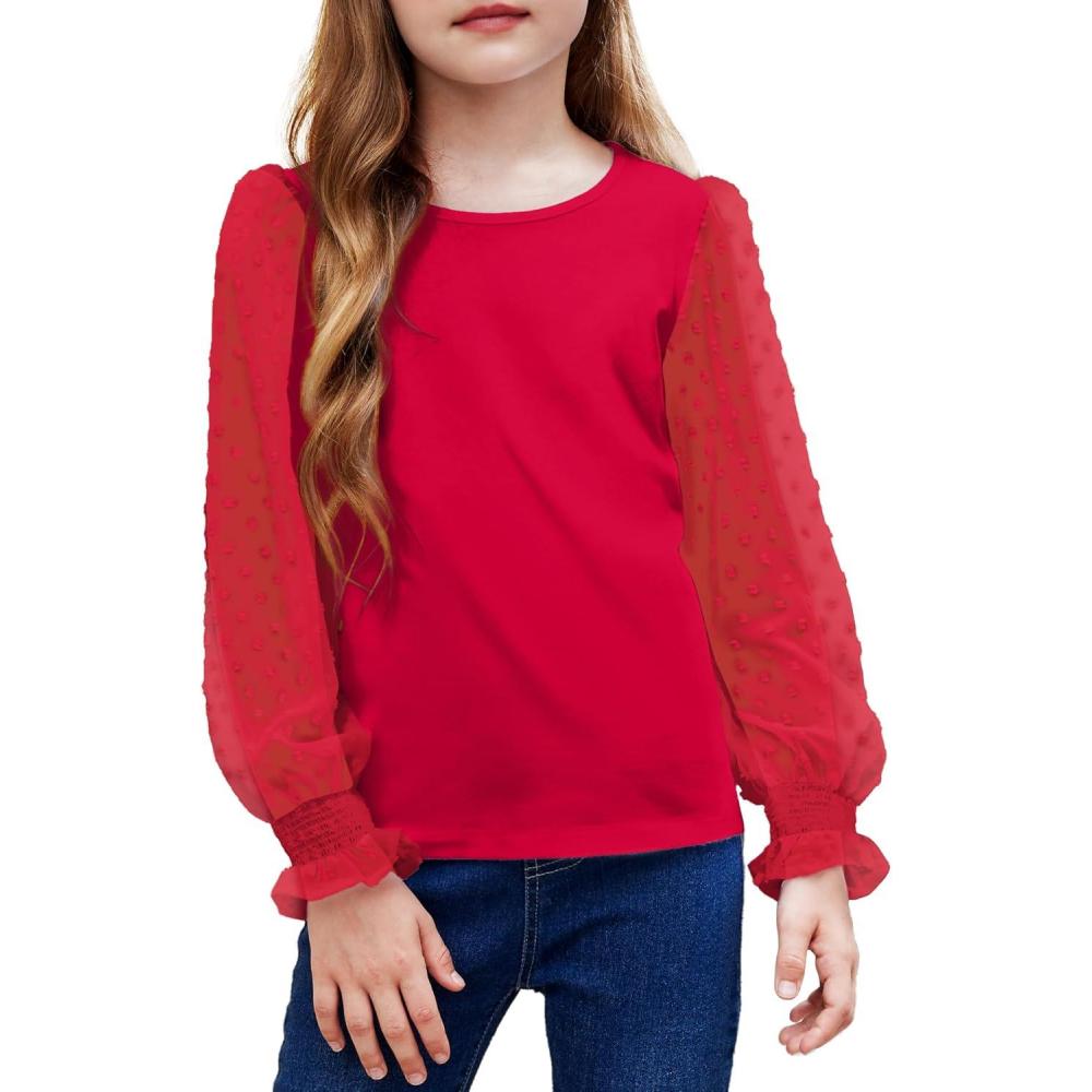 imageArshiner Girls Long Sleeve Shirt with Ruffle Cuffs Polka Swiss Dots Kids Girls Pullover Shirts Cute Crewneck Girls TopRed