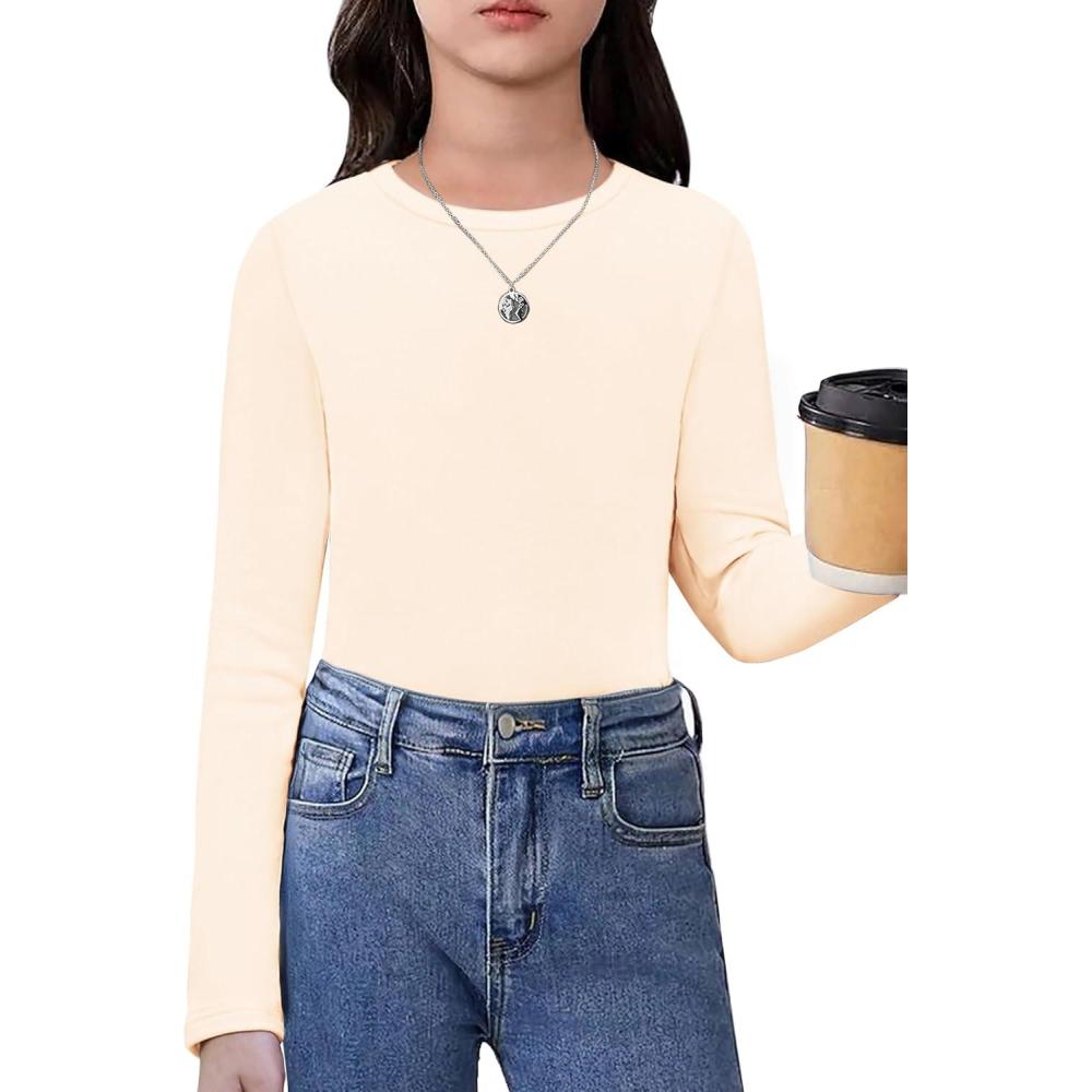 imageArshiner Girls Long Sleeve Shirts Thermal Crew Neck Tunic Basic Tops Blouse Tee 312 YearsBeige