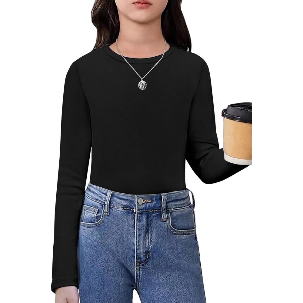 imageArshiner Girls Long Sleeve Shirts Thermal Crew Neck Tunic Basic Tops Blouse Tee 312 YearsBlack