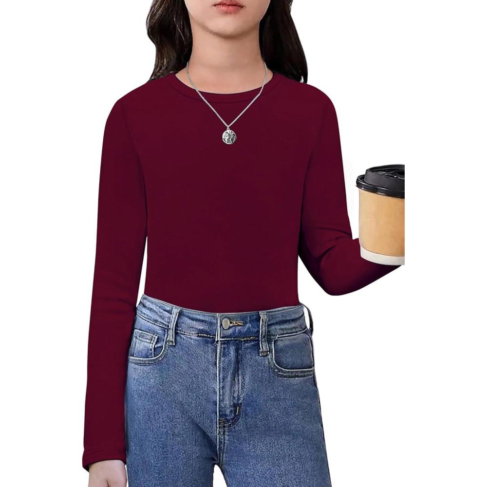 imageArshiner Girls Long Sleeve Shirts Thermal Crew Neck Tunic Basic Tops Blouse Tee 312 YearsDark Red