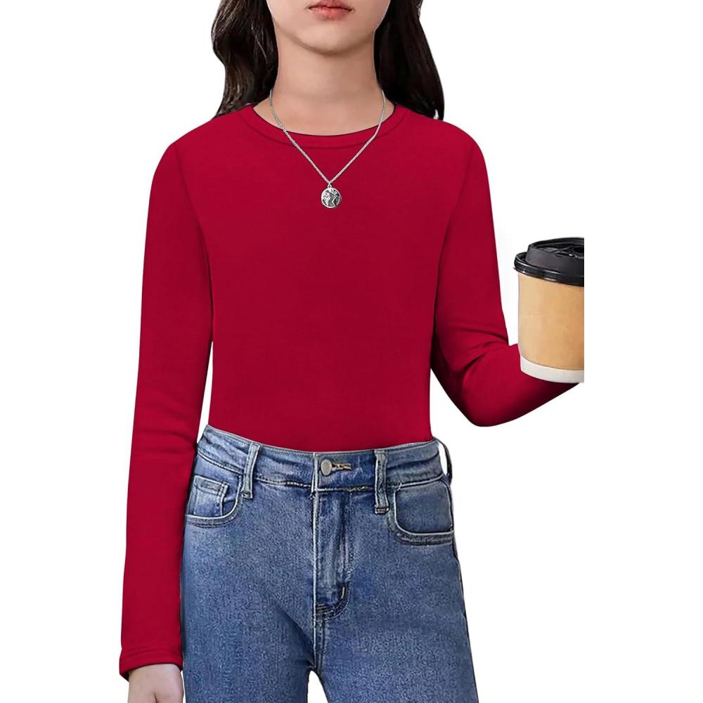 imageArshiner Girls Long Sleeve Shirts Thermal Crew Neck Tunic Basic Tops Blouse Tee 312 YearsRed
