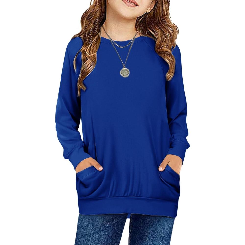 imageArshiner Girls Long Sleeve Shirts with Pockets Crewneck Soft Casual Raglan Kids Blouse Tee TopsBlue