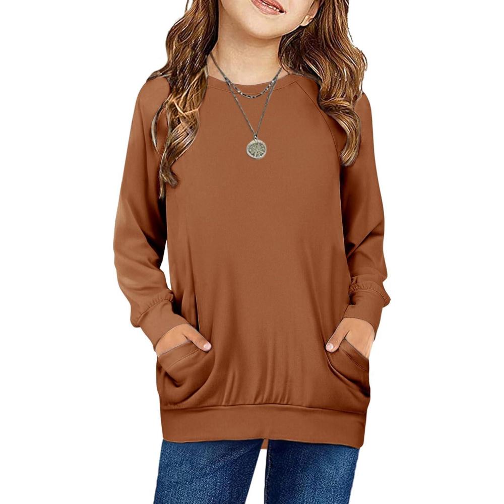 imageArshiner Girls Long Sleeve Shirts with Pockets Crewneck Soft Casual Raglan Kids Blouse Tee TopsBrown