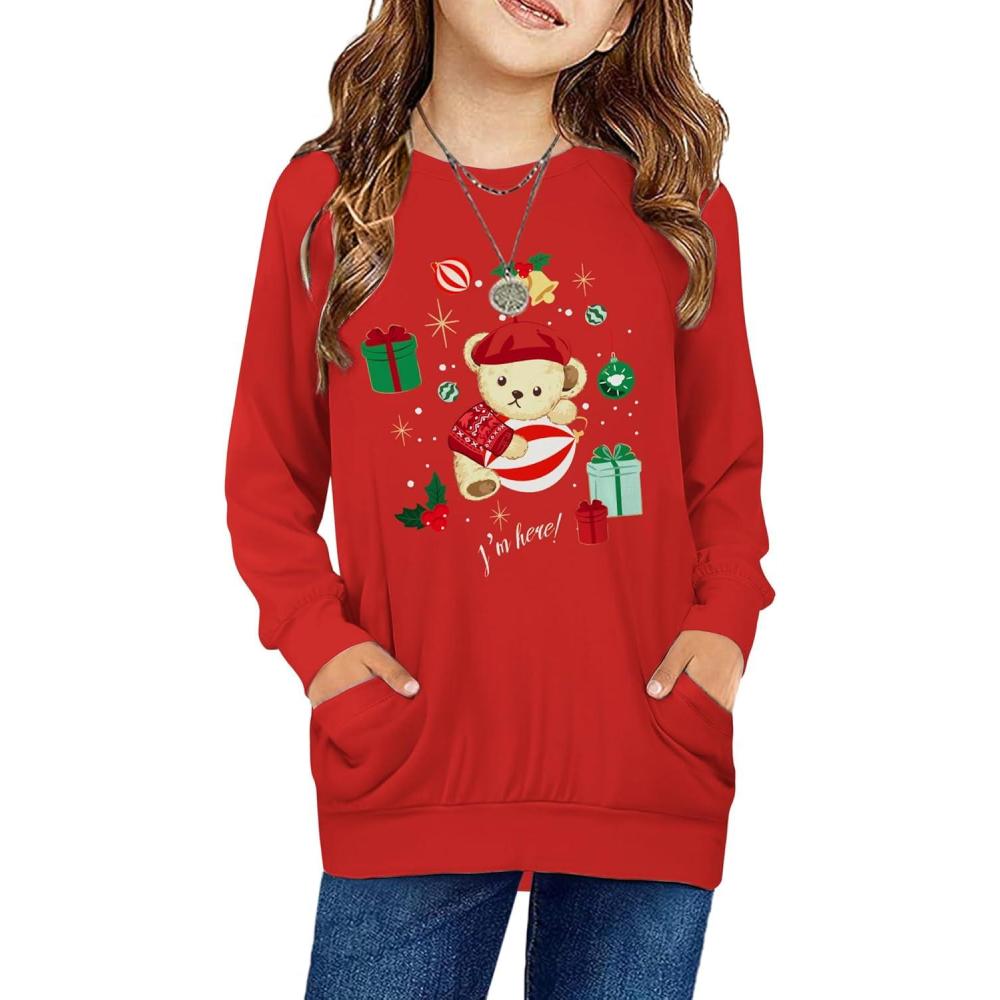 imageArshiner Girls Long Sleeve Shirts with Pockets Crewneck Soft Casual Raglan Kids Blouse Tee TopsChristmasteddy
