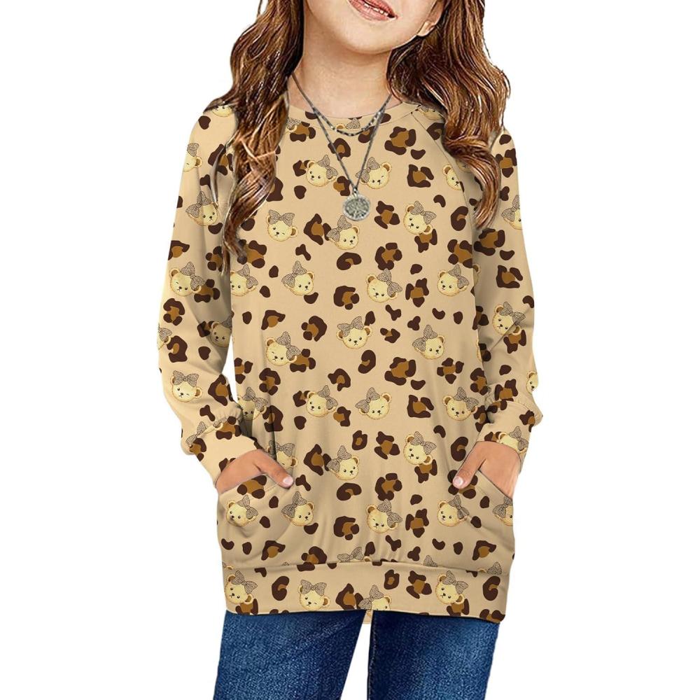 imageArshiner Girls Long Sleeve Shirts with Pockets Crewneck Soft Casual Raglan Kids Blouse Tee TopsLeopardteddy
