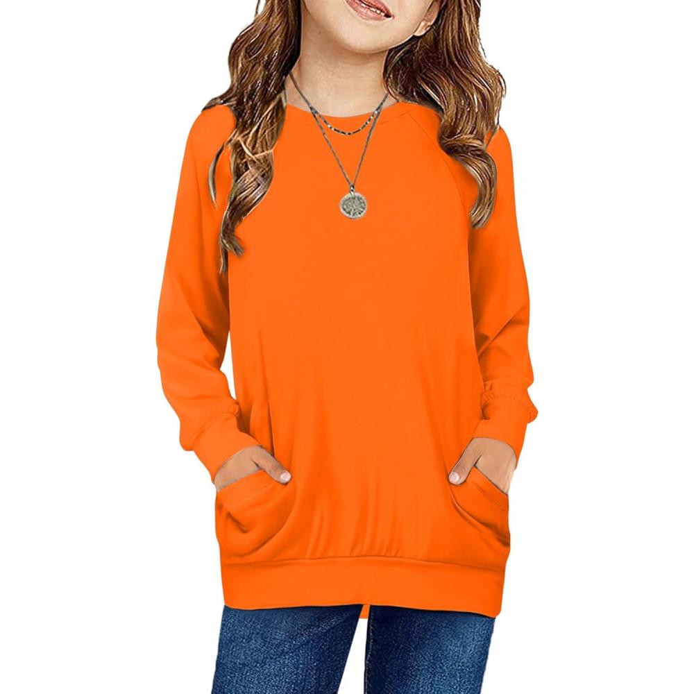imageArshiner Girls Long Sleeve Shirts with Pockets Crewneck Soft Casual Raglan Kids Blouse Tee TopsOrange