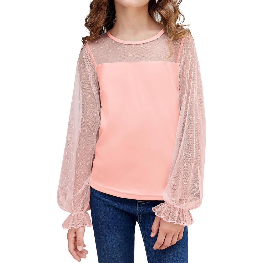 imageArshiner Girls Long Sleeve Shirts with Sheer Puff Cute Lantern Sleeve Design Lady Style Swiss Dots Tops for Girls Blouse TeeLight Pink