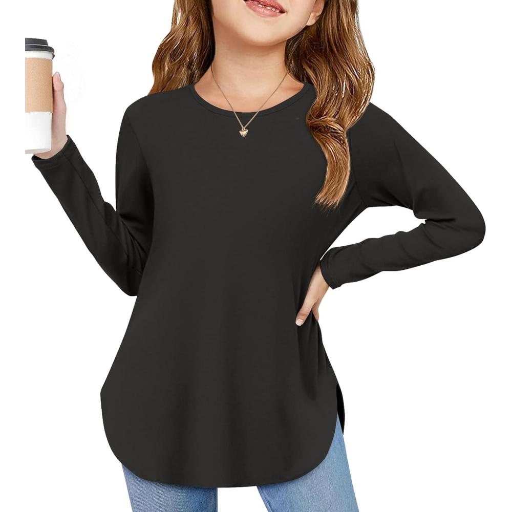 imageArshiner Girls Long Sleeve T Shirts Round Neck Curve Hem Side Slit Basic Casual Loose Tunic Soft TopsBlack