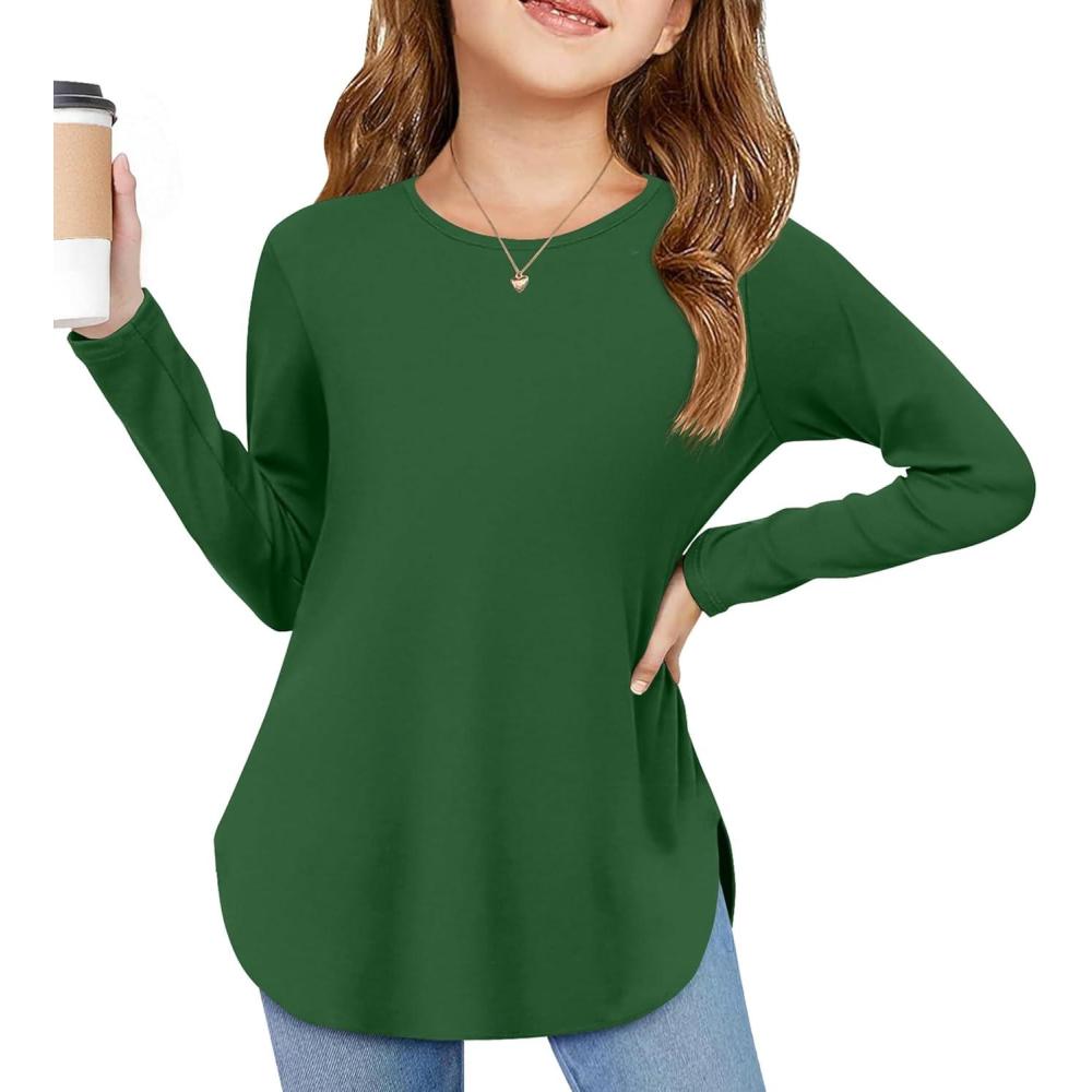 imageArshiner Girls Long Sleeve T Shirts Round Neck Curve Hem Side Slit Basic Casual Loose Tunic Soft TopsGreen