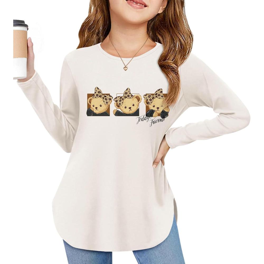 imageArshiner Girls Long Sleeve T Shirts Round Neck Curve Hem Side Slit Basic Casual Loose Tunic Soft TopsLeopard Printteddy
