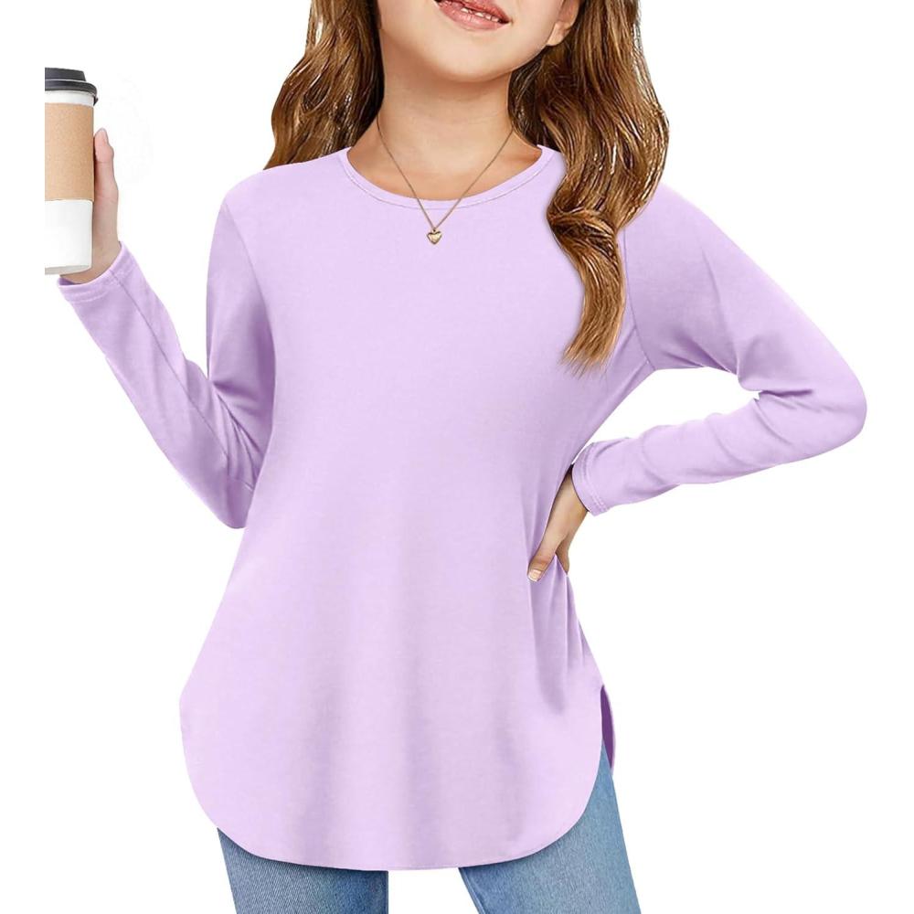 imageArshiner Girls Long Sleeve T Shirts Round Neck Curve Hem Side Slit Basic Casual Loose Tunic Soft TopsLilac