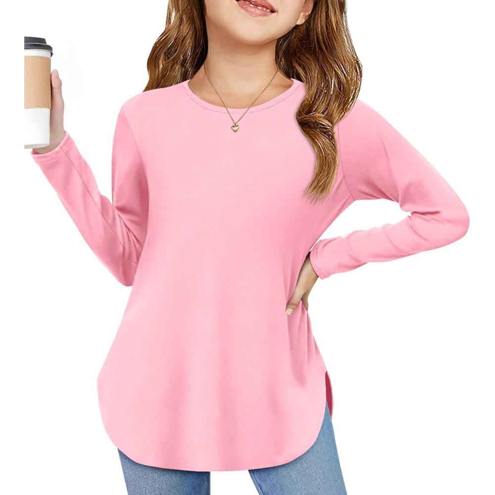 imageArshiner Girls Long Sleeve T Shirts Round Neck Curve Hem Side Slit Basic Casual Loose Tunic Soft TopsPink