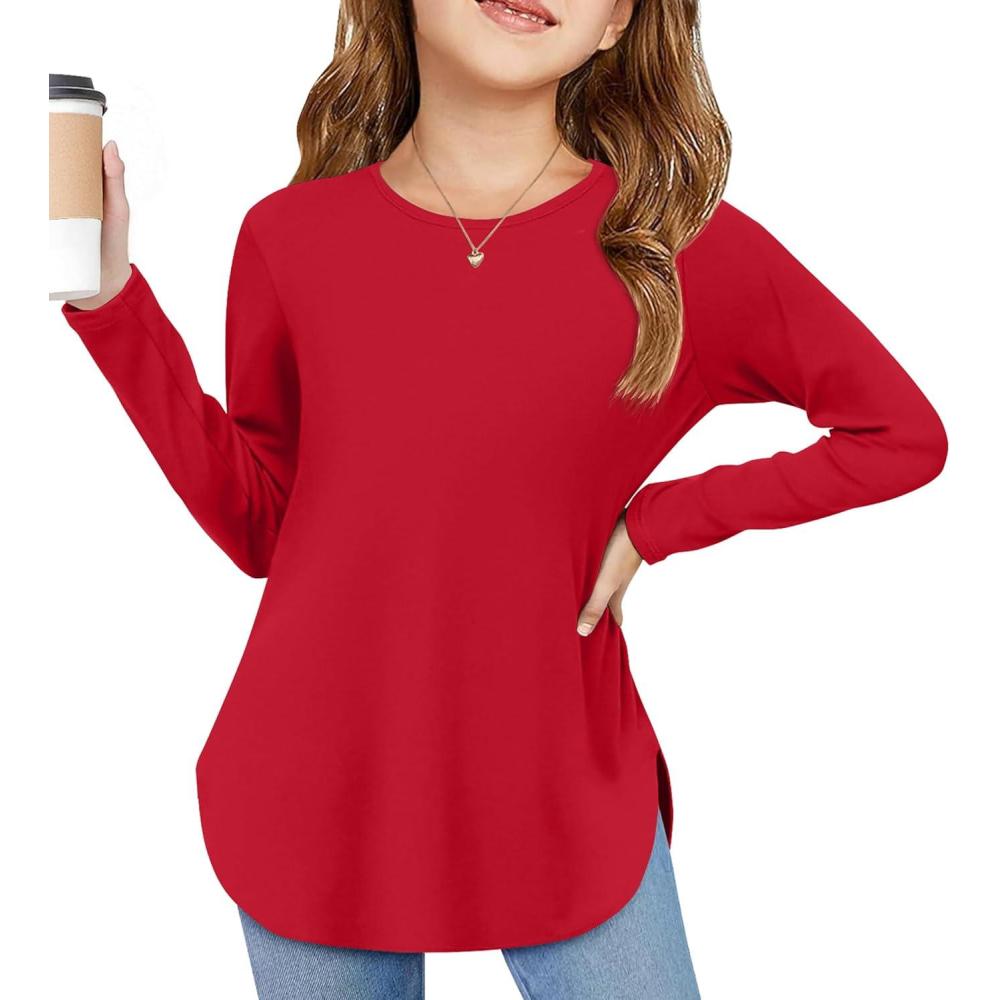 imageArshiner Girls Long Sleeve T Shirts Round Neck Curve Hem Side Slit Basic Casual Loose Tunic Soft TopsRed