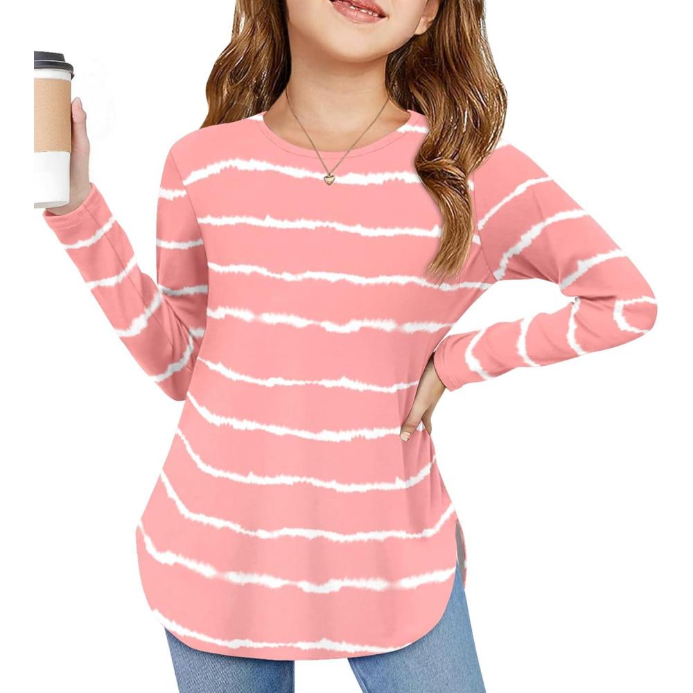 imageArshiner Girls Long Sleeve T Shirts Round Neck Curve Hem Side Slit Basic Casual Loose Tunic Soft TopsStripepinkwhite