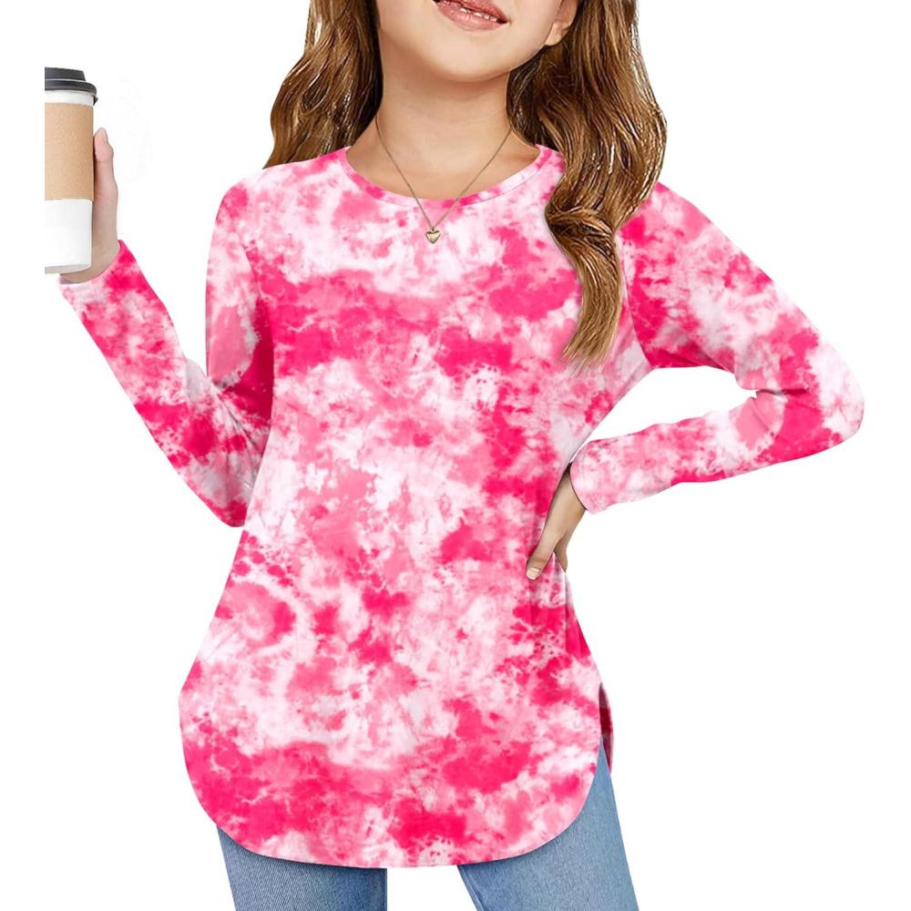 imageArshiner Girls Long Sleeve T Shirts Round Neck Curve Hem Side Slit Basic Casual Loose Tunic Soft TopsTie Dye Rose Pink