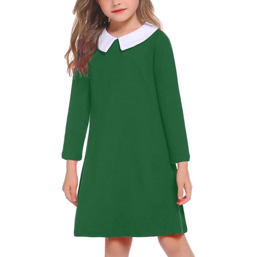 imageArshiner Girls Long Sleeve Vintage Peter Pan Collar TShirt Dress Age 413 YearsDeep Green