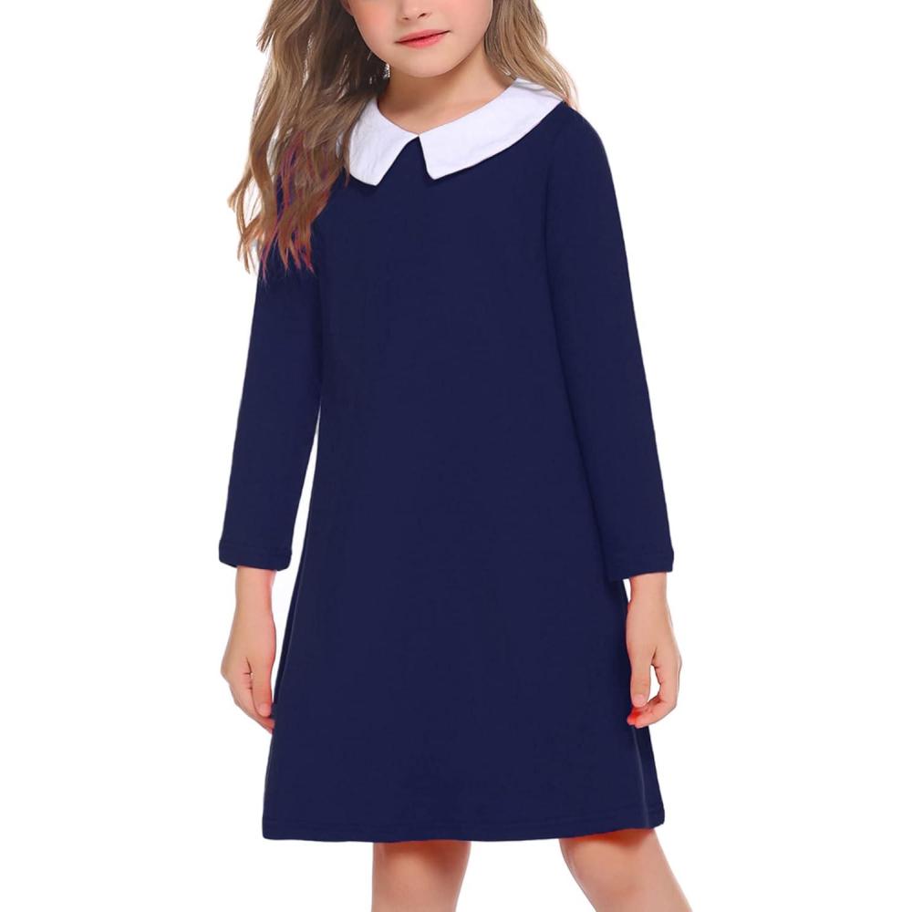 imageArshiner Girls Long Sleeve Vintage Peter Pan Collar TShirt Dress Age 413 YearsNavy Blue