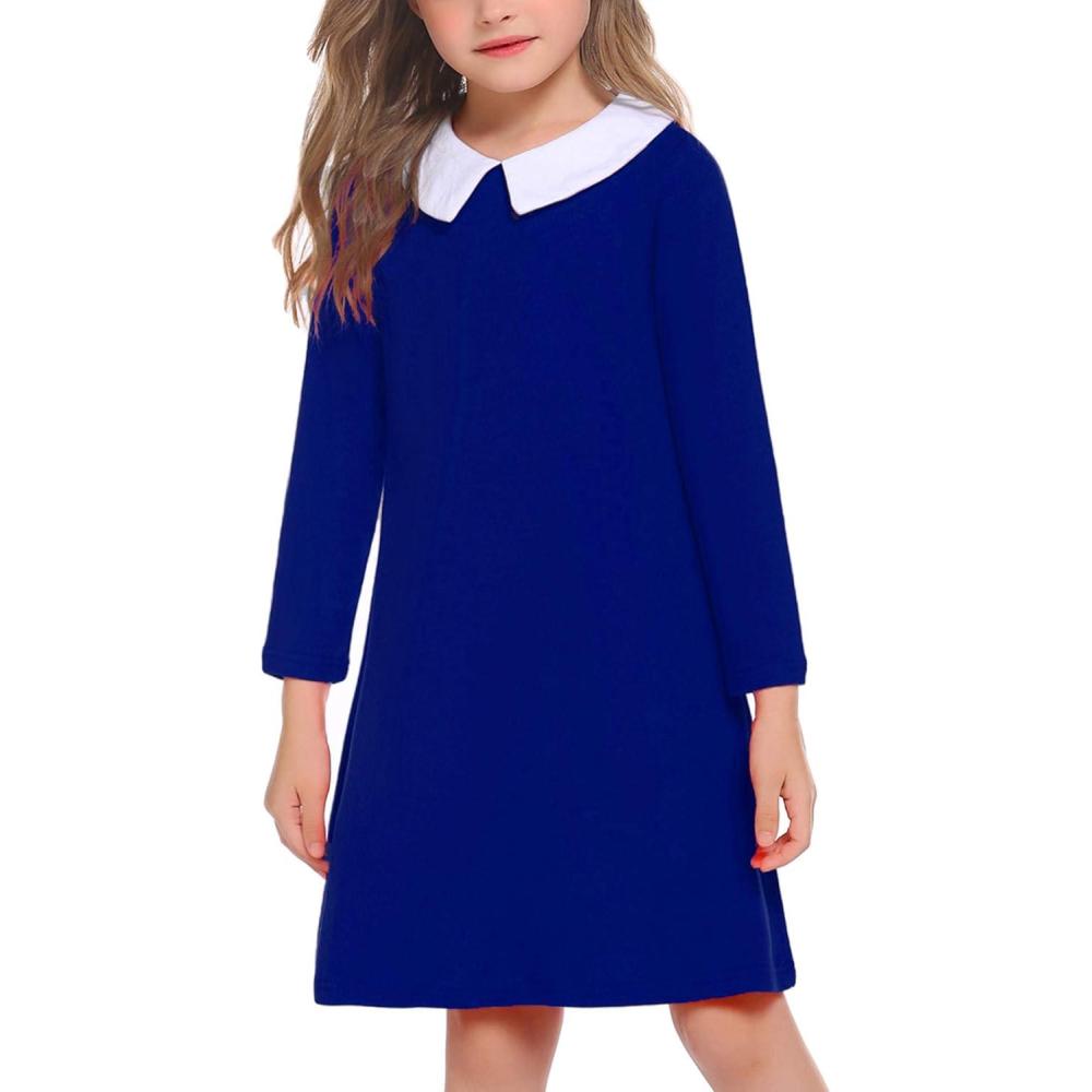 imageArshiner Girls Long Sleeve Vintage Peter Pan Collar TShirt Dress Age 413 YearsRoyal Blue