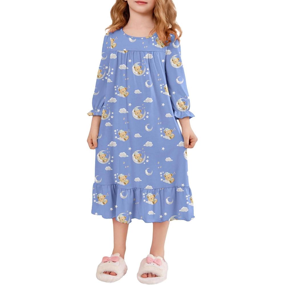 imageArshiner Girls Nightgowns Long Sleeve Pajama Dress Cute Ruffle Sleepwear Soft Night GownsBlue Sleep Teddy