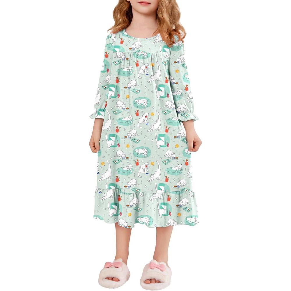 imageArshiner Girls Nightgowns Long Sleeve Pajama Dress Cute Ruffle Sleepwear Soft Night GownsLight Green Cartoon Cat