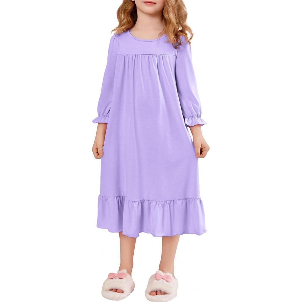imageArshiner Girls Nightgowns Long Sleeve Pajama Dress Cute Ruffle Sleepwear Soft Night GownsLight Purple